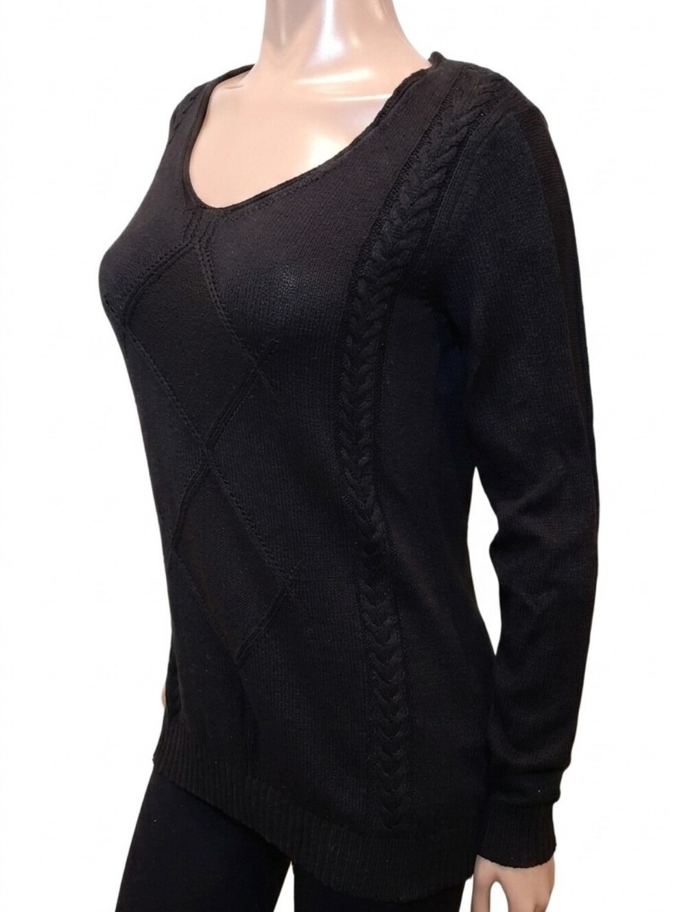Haggar Cable Knit Scoop Neck Fitted Tunic Sweater Womens Size Small Black